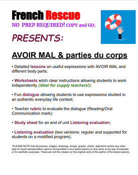 Preview of AVOIR Mal & Parties du Corps - NO  PREP REQUIRED! COPY and GO.