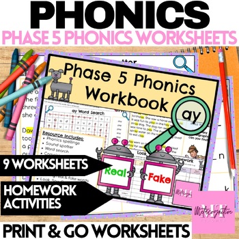 Preview of AY Digraph Phonics Worksheets Phoneme 'ay' Long Vowel Diphthong Phase 5
