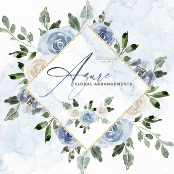 Download Azure Blue Watercolor Floral Wreaths Flower Bouquets Borders Digital Papers