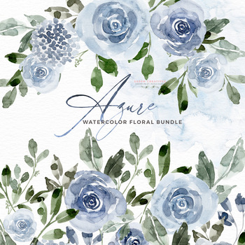 Azure Blue Watercolor Flowers Blue Floral Clipart Illustrations Graphics Papers