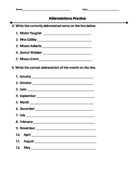 Abbreviation Worksheet #1 by Bellteacher | Teachers Pay Teachers