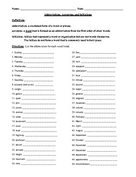 Preview of Abbreviations, Acronyms, and Initialisms: Definitions, Worksheet, and Answer Key