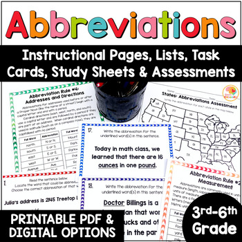 Preview of Abbreviations Worksheet: Rules, Task Cards, Anchor Chart, Assessments Activities