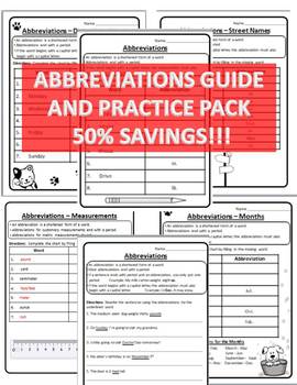 Preview of Abbreviations Worksheets Abbreviations Practice Pack Abbreviation Worksheets