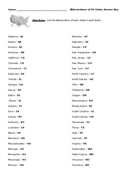 Abbreviations of 50 States Worksheet or Assessment with Detailed Answer Key