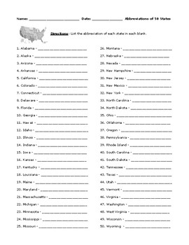 State Abbreviations Worksheet Teachers Pay Teachers