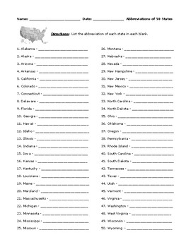 Preview of Abbreviations of 50 States Worksheet or Assessment with Detailed Answer Key