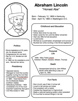Preview of Abe Lincoln - Information / Fact Sheet - 1 page info sheet