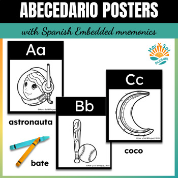 Preview of Abecedario completo Alphabet sounds in Spanish posters embedded mnemonics B/W