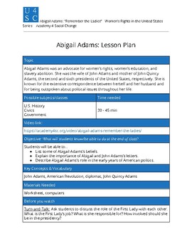 Preview of Abigail Adams Lesson Plan and Worksheet