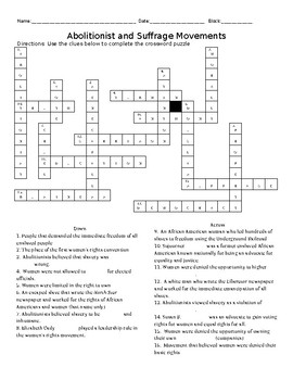 Abolitionist and Suffrage Movement Crossword by Emma Linski TpT