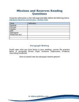 Preview of Aboriginal Missions and Reserves Reading Questions Worksheet