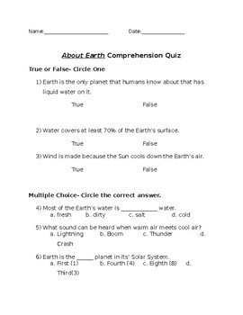 About Earth Comprehension Quiz