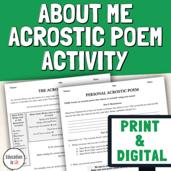 Preview of Print & Digital All About Me Worksheet Back to School Acrostic Name Poem