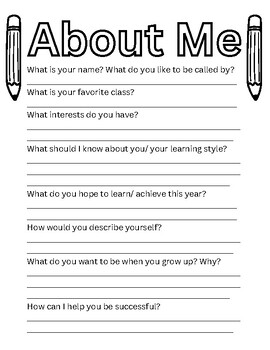 About Me Worksheet by The ELA Store for More | TPT