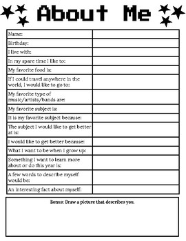 About Me Worksheet B&W by Angelique Grathwohl | TPT