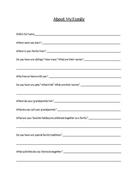 About My Family Question Sheet by Preschool Projects | TpT