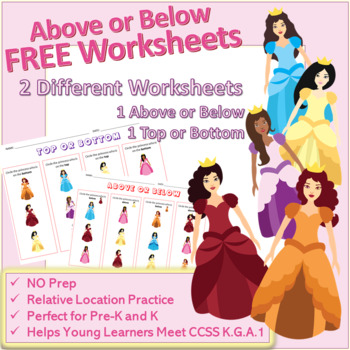 Preview of Above or Below and Top or Bottom Multicultural Princesses Worksheets CCSS.K.G.1