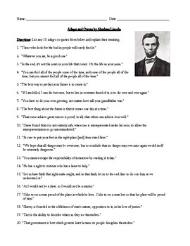Preview of Abraham Lincoln: His Famous Adages and Quotes Analysis-Worksheet or Test