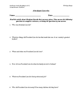 Preview of Abraham Lincoln Article (Reading Level 1) Comprehension Worksheet