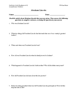 Preview of Abraham Lincoln Article (Reading Level 2) Comprehension Worksheet