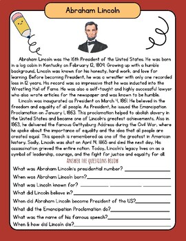 Preview of Abraham Lincoln Biography Worksheet Bio Reading Comprehension Q & A Printable