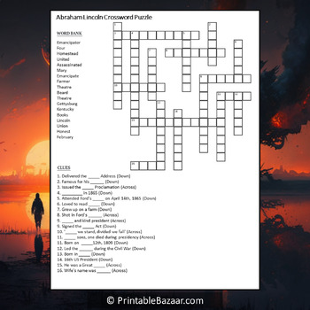 Abraham Lincoln Crossword Puzzle Worksheet Activity by Crossword Corner