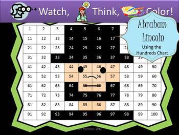 Preview of Abraham Lincoln Hundreds Chart Fun - Watch, Think, Color Mystery Pictures