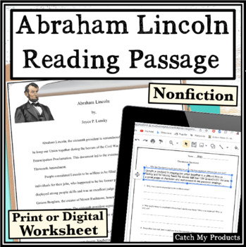 Preview of Abraham Lincoln Nonfiction Reading Comprehension Passage and Questions