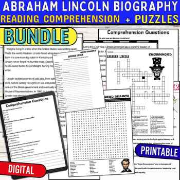 Preview of Abraham Lincoln Reading Comprehension Passage,Puzzles,Digital & Print BUNDLE