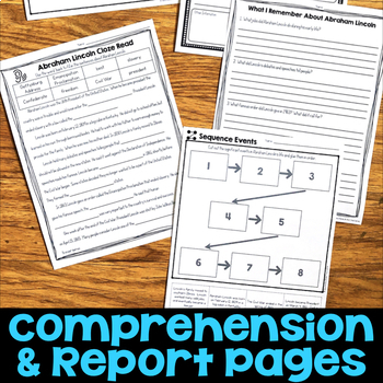 Abraham Lincoln Reading Passage, Biography Report, & Comprehension