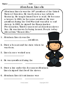 Abraham Lincoln Social Studies and Language Arts Worksheets Presidents' Day
