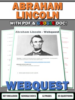 Preview of Abraham Lincoln - Webquest with Key (Google Doc Included)