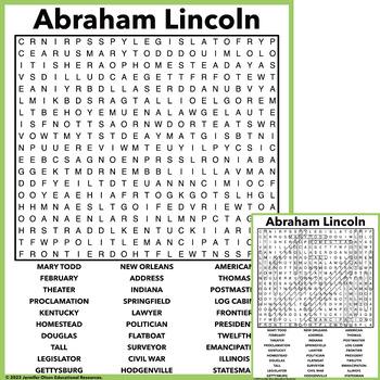 Abraham Lincoln Word Search by Jennifer Olson Educational Resources