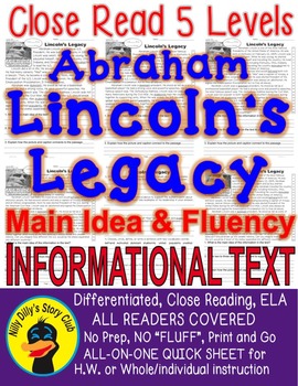 Preview of Abraham Lincoln's Legacy CLOSE READING 5 LEVELED PASSAGES Main Idea Fluency