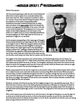 Preview of Abraham Lincoln’s 2nd Inaugural Address with Review Questions