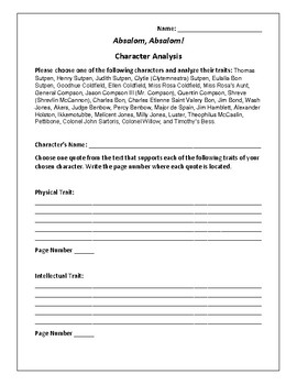 Absalom Absalom Character Analysis Activity William Faulkner