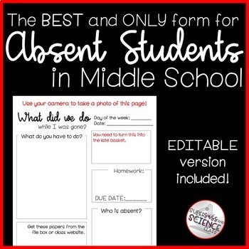 Preview of Absent Work Form for Middle School - Editable