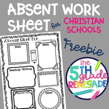 Preview of Absent Work Sheet for Christian School