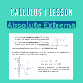 Preview of Absolute Extrema (Maxima & Minima) - Differential Calculus Lecture Lesson Notes