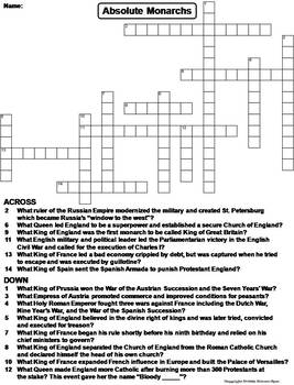 Absolute Monarchs Worksheet/ Crossword Puzzle (Age of Absolutism)