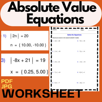 Preview of Absolute Value Equations - Algebra 1 -Equations Worksheets - Monomial Polynomial