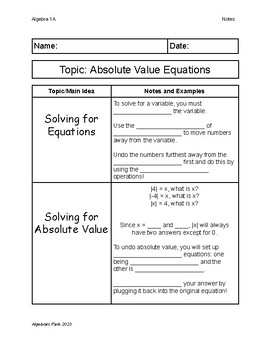 Preview of Absolute Value Equations Guided Quick Notes