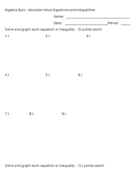 Preview of Absolute Value Equations and Inequalities Quiz