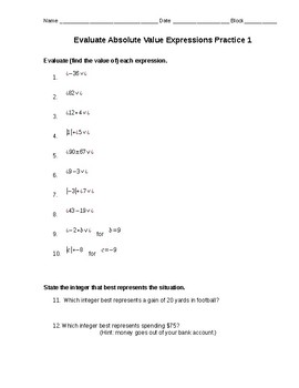 Preview of Absolute Value Expressions Practice 1