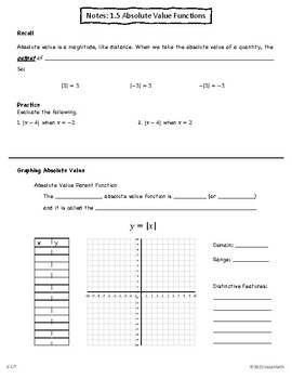 Preview of Absolute Value Functions - Lesson plan/Guided Notes and HW