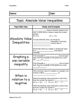 Preview of Absolute Value Inequalities Quick Notes