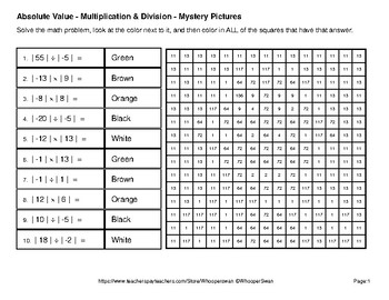 absolute value multiplication division color by number math mystery pictures