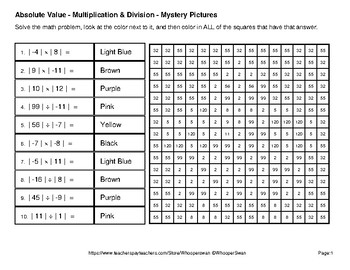 absolute value multiplication division color by number math mystery pictures