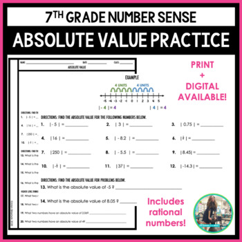 Absolute Value Practice Worksheet by Kirsten Brisebois | TpT